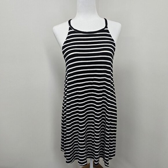 Old Navy Suspended Neck Swing Dress Women's Size M Striped Black White Stretch - Picture 1 of 9